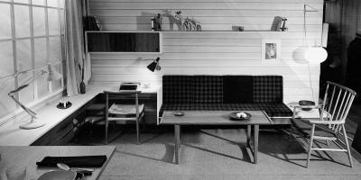 Hiorth & Østlyngens interiør på Foreningen Brukskunsts høstmønstring i Kunstnernes Hus i 1956