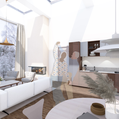 Archicad render stue og kjøkken eldrebolig